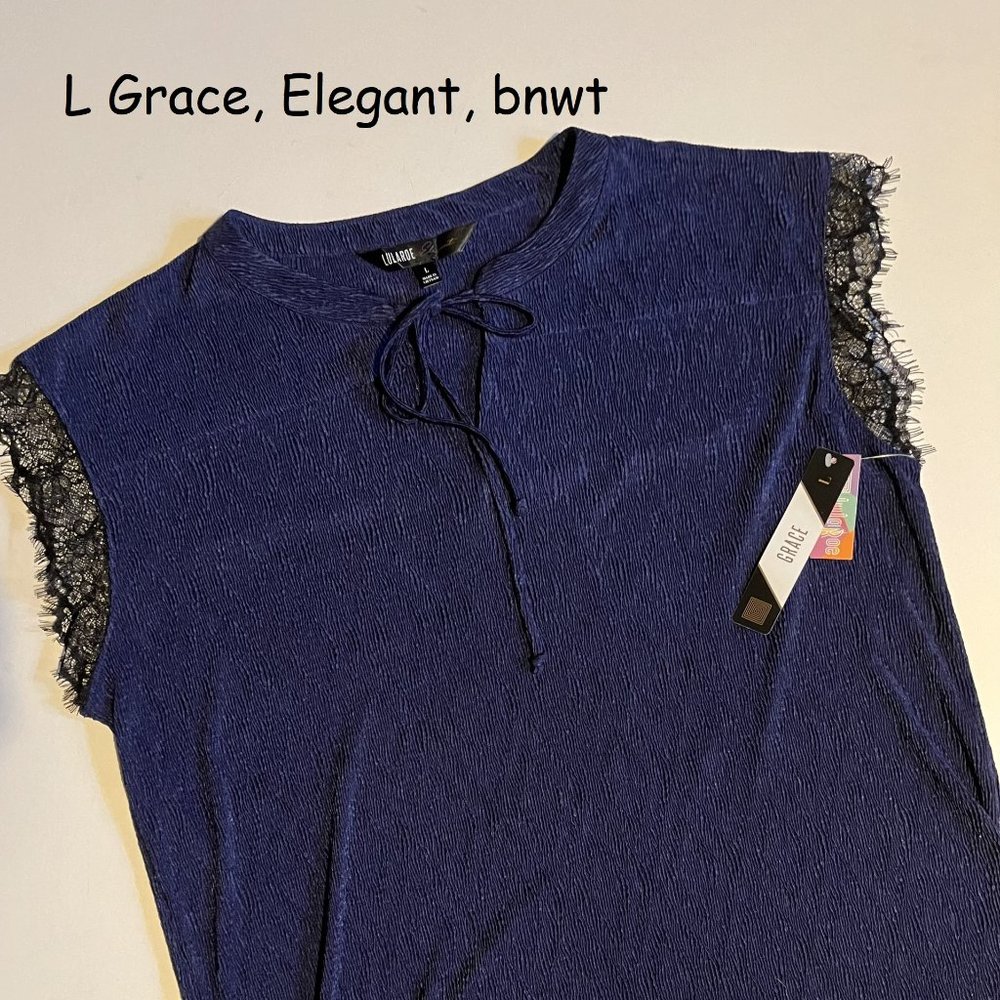 Large Lularoe Grace top, Elegant, blue with black lace